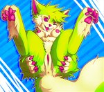 anthro anus breasts claws fangs feet female fur genitals green_body green_fur lying nipples nude on_back one_eye_closed pawpads paws pink_eyes pink_nose presenting pussy soles solo sparklefur tail teeth toe_claws toes tongue tongue_out tuft falvie falvie_(character) canid canine fionbri mammal digital_media_(artwork)