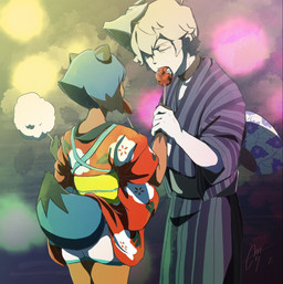 anthro apple asian_clothing blue_hair candy clothing cotton_candy dessert duo east_asian_clothing eating female food fruit hair japanese_clothing male male/female plant romantic romantic_couple standing white_hair m_mmbna brand_new_animal netflix studio_trigger michiru_kagemori shirou_ogami canid canine human mammal raccoon_dog tanuki hi_res