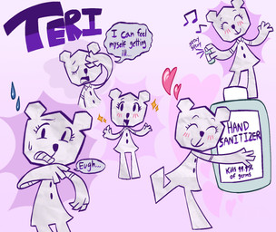 anthro cleaning_tool dialogue eyes_closed female grossed_out hand_on_face hand_sanitizer heart_symbol hug hugging_object open_mouth paper raised_leg simple_background smile solo spray_bottle spraying text white_body coughsyruping cartoon_network the_amazing_world_of_gumball teri_(tawog) bear mammal paper_creature 2025 digital_drawing_(artwork) digital_media_(artwork) english_text hi_res