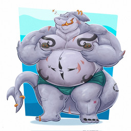 anthro belly big_belly chest_grab clothing holding_chest male musclegut muscular navel overweight overweight_male solo standing tattoo underwear 06betos11 aquatic fish shark 1:1 2026 hi_res