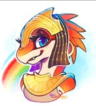 anthro armor blue_eyes blush blush_lines clothing cute_fangs ear_piercing ear_ring eye_markings eyelashes fangs female glistening glistening_eyes gold_(metal) gold_armor gold_neckwear looking_at_viewer markings multicolored_body piercing pupils rainbow red_body red_scales ring_piercing scales shirt simple_background solo tank_top teeth topwear two_tone_body white_background white_sclera kiwiggle ever_oasis nintendo miura drauk scalie 2019 artist_name bust_portrait colored digital_media_(artwork) portrait watermark