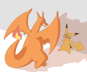 blue_eyes bodily_fluids duo scared sweat tail dlrowdog nintendo pokemon charizard generation_1_pokemon pikachu pokemon_(species) 2015 6:5 hi_res