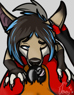 ambiguous_gender anthro brown_hair duo ear_rub fellatio first_person_view genitals hair hands_on_hips highlights_(coloring) knot knotted_penis looking_at_viewer male one_eye_closed oral penile penis sex tongue_on_knot jeany545 ash_(metal_fox) kiba_(crescentwolf) bat canid canine fox hybrid mammal hi_res