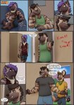 african_wild_dog age_difference anthro argument bandanna beard bottomwear canid canine chip_(pickles-hyena) clothed clothing comic cousins_(lore) dialogue door duo ear_piercing english_text facial_hair father_(lore) father_and_child_(lore) father_and_son_(lore) fully_clothed fur furniture garret_(pickles-hyena) grin hair hand_in_pocket hi_res hybrid hyena hyena_father_(pickles-hyena) kerchief larger_male male male/male mammal neckerchief nephew_(lore) older_male parent_(lore) parent_and_child_(lore) parent_and_son_(lore) pickles-hyena piercing pockets purple_hair russel_(pickles-hyena) shirt shorts sitting size_difference smaller_male smile sofa son_(lore) speech_bubble striped_body striped_fur striped_hyena stripes t-shirt tank_top text topwear uncle_(lore) younger_male
