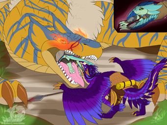 4_ears anthro anthro_prey blue_body blue_feathers burning_eyes countershading dewclaw digitigrade feathered_crest feathered_wings feathers female female_prey feral feral_pred green_body green_eyes head_crest larger_pred male male_pred multi_ear oral_vore size_difference vore winged_arms wings shikaro capcom monster_hunter arrox luvashi avali bird_wyvern flying_wyvern seikret tigrex 4:3 absurd_res hi_res