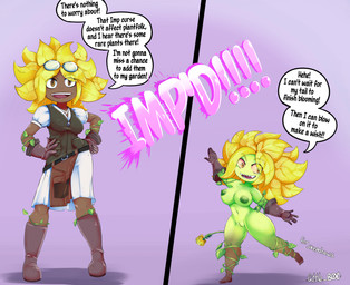 breasts dark_body dark_skin dialogue female genitals green_body green_skin impification nipples not_furry plant plant_hair pseudo_hair short_stackification shortstack solo tail tail_tuft text tuft vulva little_b0t dryad elemental_creature elemental_humanoid flora_fauna humanoid imp plant_humanoid absurd_res digital_media_(artwork) english_text hi_res