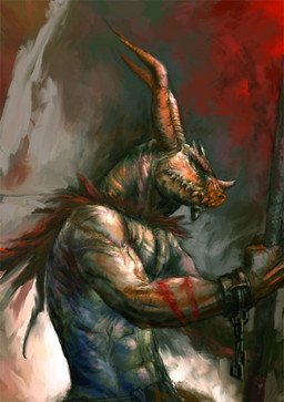 abs anthro bottomwear bound chain chained clothing cuff_(restraint) dungeon horn male prisoner restrained restraints science_fiction shackles sharp_teeth side_view solo teeth cheetahpaws lizard reptile scalie half-length_portrait portrait