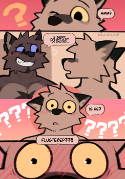 anthro blue_sclera blush blush_lines brown_body close-up confusion dialogue duo ear_piercing flustered male nervous nervous_smile one_eye_closed pecs piercing question_mark speech_bubble text wide_eyed yellow_sclera rygel_spkb milo_(rygel_spkb) yoby_(rygel_spkb) canid canine canis mammal wolf artist_name comic english_text hi_res multiple_scenes