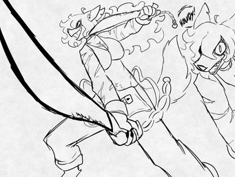 ahoge anthro arm_scar bottomwear bra chest_scar clothing cuffs_(object) dialogue dual_wielding female hair hair_over_eye holding_object holding_weapon lock long_hair looking_at_viewer melee_weapon messy_hair narrowed_eyes padlock pants scar solo sword tail teeth underwear weapon wristwear nerdyreindeer ambiguous_species 2026 4:3 hi_res monochrome