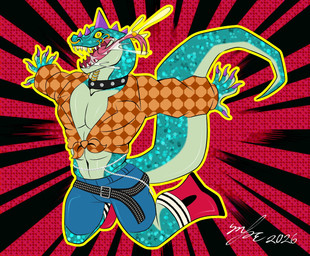 anthro belt blue_bottomwear blue_clothing blue_pants bodily_fluids bottomwear checkered checkered_clothing checkered_shirt checkered_topwear claws clothed clothing collar facial_piercing footwear green_body green_scales head_spikes lip_piercing male muscular muscular_anthro muscular_male neck_piercing nose_piercing nose_ring orange_clothing orange_shirt orange_topwear outline pants pattern_clothing pattern_shirt pattern_topwear piercing purple_claws purple_spikes red_clothing red_footwear red_shoes ring_piercing saliva scales septum_piercing septum_ring shirt shoes solo spikes spikes_(anatomy) studded_collar studs tail teeth tied_shirt tongue tongue_out tongue_piercing topwear yellow_eyes yellow_outline yellow_sclera melo466lol goat_(movie) sony_corporation sony_pictures modo_olachenko komodo_dragon lizard monitor_lizard reptile scalie 2026 digital_media_(artwork) hi_res