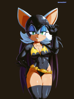 anthro belt breasts clothing collarbone eyelashes feet female glistening gloves green_eyes hand_on_hip handwear legwear leotard mask membrane_(anatomy) smile solo tan_body toes webbed_feet soranygyart dc_comics sega sonic_the_hedgehog_(series) batgirl rouge_the_bat bat mammal 2026