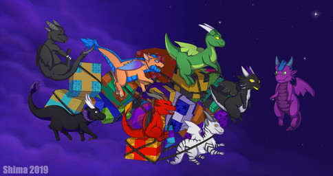 ambiguous_gender chibi cloud dragoncores eirenex feral gift group holidays inkypawprint neonate night sky star tail young shigal shima_laqi christmas mythology alphyron juridicaldrake messenthia xeetree dragon mythological_creature mythological_scalie scalie detailed hi_res