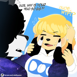 anthro big_breasts black_hair blonde_hair breasts clothed clothing curly_hair curvy_figure duo ear_piercing face_squish female fur gloves grey_body grey_fur hair handwear hoodie male male/female multicolored_body multicolored_fur nails piercing shortstack simple_background squish teeth text topwear two_tone_body two_tone_fur white_body white_fur lobokosmico lobo_(lobokosmico) marzia_(lobokosmico) bird_dog canid canine canis domestic_dog golden_retriever hunting_dog mammal retriever wolf 1:1 absurd_res digital_drawing_(artwork) digital_media_(artwork) english_text hi_res