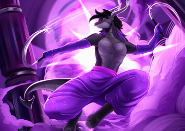 anthro black_hair clothed clothing grey_body hair handwear horn male muscular purple_hair sickle smoke smoke_cloud solo topless topless_male yellow_eyes murfa mythology dragon mythological_creature mythological_scalie scalie hi_res