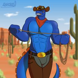 anthro belt black_sclera blue_body blue_skin cactus chaps clothing cowboy_hat desert gold_(metal) gold_tooth grin grinning_at_viewer hat headgear headwear kerchief lasso looking_at_viewer male orange_eyes plant saguaro sharp_teeth smile smiling_at_viewer solo teeth fuchsiafeatherz alligator alligatorid crocodilian reptile scalie 1:1 hi_res
