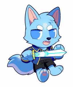 anthro black_nose blue_body blue_clothing blue_eyes blue_fur blue_topwear cheek_tuft chibi clothed clothing facial_tuft fangs front_view fur glistening glistening_eyes glistening_nose grey_clothing grey_topwear head_tuft holding_melee_weapon holding_object holding_sword holding_weapon looking_aside male melee_weapon open_mouth pink_inner_ear pink_tongue simple_background solo sword teeth tongue topwear tuft unsigned weapon white_background asnnonaka canid mammal 5:6 full-length_portrait hi_res portrait