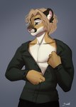 5_fingers anthro blonde_hair clothed clothing fingers green_eyes grey_background hair male simple_background solo sinalanf luke_(contritecougar) cougar felid feline mammal 2022 digital_media_(artwork)