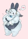 anthro belly blue_eyes blush bulge embarrassed male moobs navel overweight playboy_bunny playboy_outfit solo gabu2929 tamacolle inaba_(tamacolle) lagomorph leporid mammal rabbit hi_res