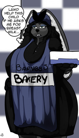 annoyed anthro apron big_breasts black_clothing black_dress black_hair breasts buckteeth checkered checkered_background clothed clothing dark_hair dialogue dress ellipsis eyelashes eyeshadow female fur green_eyes grey_body grey_fur hair hand_on_hip hat headgear headwear holding_object huge_breasts makeup mature_female pattern_background purple_eyeshadow simple_background solo teeth text thought_bubble wide_hips shaozwulf the_man_from_the_window zed_technician_games mama_rabbit_(tmftw) lagomorph leporid mammal rabbit 2022 digital_media_(artwork) english_text hi_res