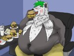 anthro belly belly_overhang clothed clothing eating eating_food food food_fetish food_in_mouth food_play holding_food holding_object male moobs navel nekot obese obese_anthro obese_male overweight overweight_anthro overweight_male solo nekotthebrave animal_humanoid canid canid_humanoid canine canine_humanoid humanoid mammal mammal_humanoid wolf_humanoid hi_res