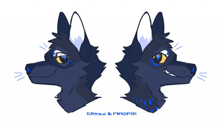 anthro black_eyes black_nose blue_body blue_ears blue_fur blue_pupils blue_spots cheek_tuft closed_smile dark_body dark_fur duo facial_tuft fur glistening glistening_eyes grin head_tuft male markings mouth_closed narrowed_eyes pupils side_view simple_background smile spots spotted_body spotted_fur tuft unsigned white_background asnnonaka crow_(asnnonaka) magpie_(asnnonaka) canid canine canis coyote mammal