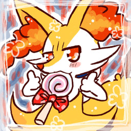 3_fingers :3 abstract_background ambiguous_anthro ambiguous_gender anthro arm_tuft biped black_body black_fur blush blush_lines blush_stickers border candy cheek_tuft chest_tuft dessert facial_tuft fingers food food_in_mouth front_view fur gesture hand_gesture hip_tuft inner_ear_fluff lollipop lollipop_in_mouth looking_at_viewer multicolored_body multicolored_fur no_pupils nude_ambiguous nude_anthro object_in_tail orange_body orange_eyes orange_fur orange_inner_ear_fluff orange_nose pointy_ears polka_dot_bow prick_ears red_bow shoulder_tuft solo standing stick stick_in_tail tail tapering_snout thumbs_up tuft white_body white_fur yellow_body yellow_fur yellow_tail annyui0611 braixen_day nintendo pokemon pokemon-specific_day braixen canid generation_6_pokemon mammal pokemon_(species) 1:1 2021 cel_shading digital_drawing_(artwork) digital_media_(artwork) half-length_portrait hi_res japanese_description portrait shaded translated_description