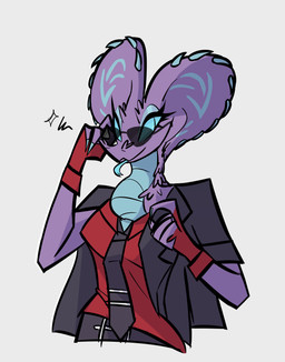 anthro clothing eyewear female fingerless_gloves gloves handwear necktie snake_hood solo suit sunglasses sunglasses_on_face tongue tongue_out wearing_sunglasses eathralll helltaker fern_(fern_anne) cobra reptile scalie snake absurd_res hi_res
