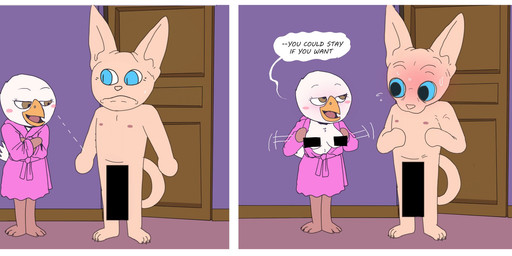 anthro anthro_on_anthro bathrobe beak big_eyes blue_eyes blush breasts brown_eyes censor_bar clothing dialogue duo feathers featureless_hands female frown genitals hairless hand_on_belly imminent_sex inside interspecies looking_at_genitalia looking_at_penis looking_down male male/female nipples nude penis pink_bathrobe pink_clothing pink_floor pink_nipples pink_robe pointy_ears presenting presenting_breasts pupils purple_wall robe speech_bubble standing tail tan_body tan_nose tan_skin text white_body white_feathers yellow_beak teastuff ethan_allen_(teastuff) selena_(teastuff) domestic_cat felid feline felis hairless_cat mammal sphynx_(cat) 2025 2koma censored comic english_text hi_res