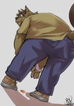 anthro bottomwear brown_body clothing eyewear glasses humanoid_hands kemono male pants shirt simple_background slightly_chubby solo topwear mesidukainumaru morenatsu kounosuke_(morenatsu) canid canine mammal raccoon_dog tanuki 2021 hi_res