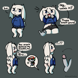 anthro balls blue_clothing blue_eyes blue_sweater blue_topwear blush clothing clothing_pull crotch_fur dialogue digitigrade disembodied_hand disembodied_penis duo female floppy_ears front_view fur genitals grey_background grey_body grey_skin hat headgear headwear humanoid_on_anthro low-angle_view machine male male/female nude penis rear_view scar short_tail simple_background speech_bubble surprised sweater tail text topwear underwear underwear_pull undressing white_body white_fur snowpixfactory cave_story quote_(cave_story) sue_sakamoto android humanoid lagomorph mammal mimiga robot 1:1 english_text hi_res signature