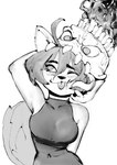 anthro biting_head blep cake candle dessert female food hand_behind_head one_eye_closed tongue tongue_out magikapotata dog_knight_rpg maci_(ceehaz) canid canine canis domestic_dog mammal mimic pomeranian spitz 2022 greyscale monochrome