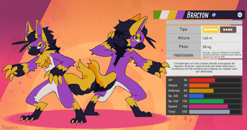anthro backwards claws feral front_view fur green_eyes male purple_body purple_fur solo tail text yellow_body yellow_fur yellow_tail fefewolfy fakemon nintendo pokemon bracyon fan_character canid canine mammal maned_wolf absurd_res hi_res model_sheet portuguese_text translated