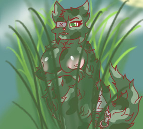 anthro bear_trap breasts female grass hiding holding_breast plant solo trap_(contrivance) amalgama125 mewgenics fenrir_(mewgenics) domestic_cat felid feline felis mammal