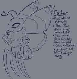2_antennae 4_legs 4_wings antennae_(anatomy) arthropod_abdomen black_antennae flying freckled_face freckles grey_background hand_on_hip head_tuft insect_wings lepidopteran_wings mouth_closed multi_wing quadruped ruff side_view simple_background solo text tuft wings astromonkeyking esther_(astromonkeyking) arthropod butterfly insect lepidopteran taur 2026 digital_drawing_(artwork) digital_media_(artwork) english_text monochrome