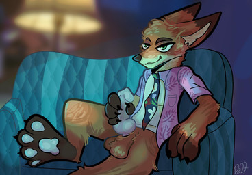 animal_genitalia anthro balls clothing erection fur furniture genitals knot knotted_penis male masturbation pawpads paws penis raised_paw sheath simple_background sofa solo watching_television doktor27 disney zootopia nick_wilde canid canine fox mammal red_fox true_fox hi_res