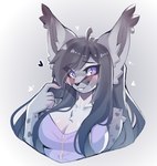 ahoge anthro black_nose blush breasts chest_tuft cleavage clothed clothing eyebrow_through_hair eyebrows eyelashes eyelashes_through_hair female fur grey_background grey_body grey_fur grey_hair hair long_hair looking_at_viewer purple_clothing purple_eyes simple_background smile snout solo translucent translucent_hair tuft mayrin_(artist) felid feline lynx mammal 2025 bust_portrait digital_media_(artwork) hi_res portrait shaded