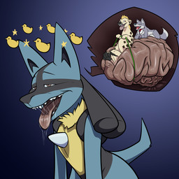 anthro brain dazed dizzy duo internal male organs seeing_stars zonked akudrache nintendo pokemon canid canine canis generation_4_pokemon hyena lucario mammal pokemon_(species) wolf 1:1 hi_res
