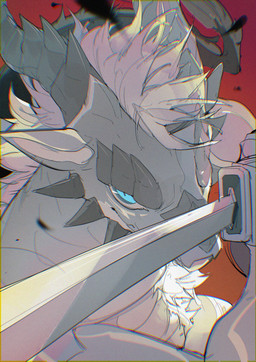 2_horns anthro black_body black_horn black_scales black_spikes blue_eyes blue_pupils brown_background countershade_face countershading eye_markings eyebrows facial_scales facial_spikes flesh_fang gradient_background grey_body grey_countershading grey_markings grey_scales hair head_horn high-angle_view holding_katana holding_melee_weapon holding_object holding_sword holding_weapon horn katana male markings melee_weapon mouth_closed nude_anthro nude_male pupils red_background ringed_iris scale_eyebrows scales simple_background slit_pupils solo spikes spikes_(anatomy) sword tail weapon white_hair white_sclera chiayeeee european_mythology mythology dragon mythological_creature mythological_scalie scalie western_dragon wingless_dragon 2024 absurd_res chromatic_aberration digital_drawing_(artwork) digital_media_(artwork) hi_res