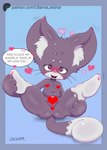 anthro big_ears blush censored_anus censored_genitalia censored_nipples censored_pussy choker female fur heart_symbol inner_ear_fluff jewelry necklace patreon_ad presenting purple_body purple_fur solo teeth text tuft whiskers ultama_lokshar_(artist) felid mammal censored english_text hi_res url