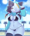 5_fingers amber_eyes anthro beach bikini black_clothing black_swimwear blush blush_lines breasts butt butt_from_the_front claws clothed clothing cute_fangs detailed_background ears_back eye_through_hair eyebrows eyelashes fangs female finger_claws fingers fur hair hoodie legwear long_hair long_sleeves multicolored_hair navel one_eye_obstructed palm_tree pivoted_ears plant seaside solo string_bikini swimwear teeth thigh_gap topwear translucent translucent_hair tree two-piece_swimsuit whiskers white_body white_fur racal_ra onyasn_(racal_ra) domestic_cat felid feline felis mammal 2023 artist_name digital_media_(artwork) hi_res