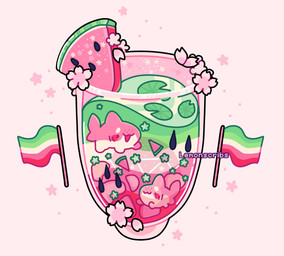 abrosexual_pride_colors ambiguous_gender blush duo feral flag flower food fruit glass lgbt_pride lily_pad melon pink_background plant pride_colors seed simple_background underwater water watermelon watermelon_slice lemonscribs aquatic fish shark absurd_res hi_res
