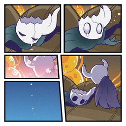 ambiguous_gender biped black_body black_eyes bodily_fluids cloak clothing death dreamcatcher duo eyes_closed grey_cloak grey_clothing horn kneeling standing tears chacodoodle hollow_knight_(franchise) team_cherry broken_vessel_(hollow_knight) the_knight_(hollow_knight) arthropod vessel_(species) 1:1 comic hi_res