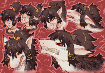 abstract_background accessory ambiguous_gender angry black_hair bodily_fluids crying dipstick_ears ear_growth ear_markings fangs feral fur fur_growth growth hair hair_accessory hairband horn human_to_feral long_hair multicolored_ears red_background red_eyes simple_background snout snout_growth solo species_transformation tears teeth transformation transformation_sequence white_body white_fur yellow_sclera frostedmonster mythology dion_wyrmbane dragon furred_dragon furred_scalie humanoid mythological_creature mythological_scalie scalie hi_res watermark