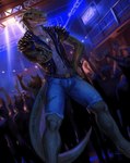 2024 anthro bottomwear clothing concert devil_horns_(gesture) dinosaur dog_tags eleacat gesture group hand_gesture hi_res male pants reptile rocco_(tallion) scales scalie sharp_teeth spikes spikes_(anatomy) tail teeth theropod tyrannosaurid tyrannosauroid tyrannosaurus tyrannosaurus_rex