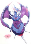 anthro blue_body breasts claws featureless_breasts female navel open_mouth simple_background solo spikes spikes_(anatomy) stinger tongue wings 025aki nintendo pokemon generation_7_pokemon naganadel pokemon_(species) ultra_beast 2018 dated hi_res signature