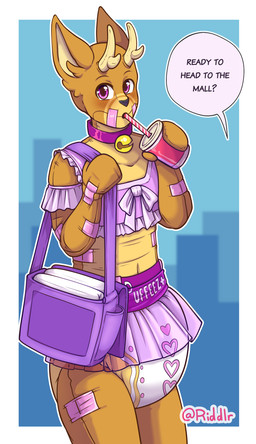 ageplay anthro bell bell_collar beverage bottomwear clothed clothing collar crossdressing diaper drinking femboy holding_beverage holding_object infantilism looking_at_viewer male orange_body pattern_diaper purple_bottomwear purple_clothing purple_collar purple_eyes purple_skirt purple_topwear roleplay skirt solo speech_bubble tan_body text topwear wearing_diaper white_diaper riddlr omen_(sambo48) animate_inanimate deer diaper_creature mammal english_text hi_res