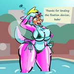 anthro big_breasts bikini bikini_bottom bikini_top blonde_hair blue_eyes breast_implants breasts brown_body clothing costume curvy_figure dialogue duo female frustration_cloud furry_wearing_fursuit fursuit glistening glistening_body hair heart_symbol iconography inflatable latex open_mouth pink_hair polygonal_speech_bubble round_breasts smile speech_bubble spherical_breasts standing swimwear talking_to_another term_of_endearment text thanking thick_thighs two-piece_swimsuit under_boob voluptuous water wide_hips aygee billie_corneja sofi_(aygee) animate_inanimate canid canine canis domestic_dog domestic_pig living_clothing living_inflatable living_latex mammal suid suine sus_(pig) 1:1 2020 english_text hi_res