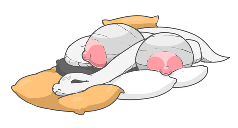 abstract_background big_breasts breasts female feral grey_body grey_scales huge_breasts nipples non-mammal_breasts pillow scales sleeping sleeping_nude smile solo white_body white_scales horiori ori_(horiori) reptile scalie snake
