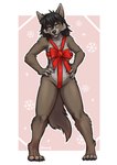 4_toes 5_fingers anthro barefoot black_hair bow_ribbon breasts claws fangs feet female finger_claws fingers fur gift_wrapped grey_body grey_fur hair hand_on_hip hand_on_own_hip hands_on_hips hands_on_own_hips hindpaw holidays humanoid_hands looking_at_viewer naked_ribbon paws ribbons solo standing teeth toe_claws toes wrapped_up wraps foxovh blizzard_entertainment christmas warcraft canid mammal werecanid werecreature worgen 2021 digital_media_(artwork) hi_res shaded signature