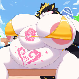 4_fingers anthro beach belly bench big_belly big_breasts black_hair black_nose breasts claws clothed clothing cloud day deep_navel eyebrows featureless_crotch female fingers fur hair hand_on_belly huge_belly huge_breasts multicolored_body multicolored_fur navel neck_tuft obese obese_anthro obese_female outside overweight overweight_anthro overweight_female palm_tree plant red_eyes sand sitting solo surfboard swimwear tail tattoo tree tuft water white_body white_fur yellow_claws hidenafox ambient_bird canid canine canis domestic_dog mammal 1:1 absurd_res hi_res shaded trans_(lore) trans_woman_(lore)